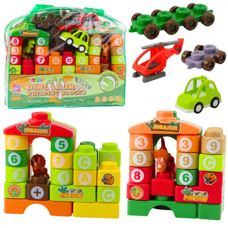 LEAN TOYS Edukacyjne Klocki Konstrukcyjne w Torbie Dinozaury Cyfry Litery 91 szt.