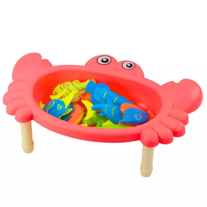 LEAN TOYS Zestaw Wędkarski: Stół Krab, 10 Rybek, Wędka, Cedzak, Różowy