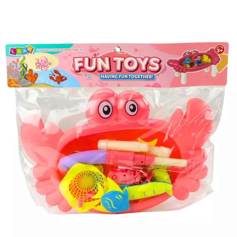 LEAN TOYS Zestaw Wędkarski: Stół Krab, 10 Rybek, Wędka, Cedzak, Różowy