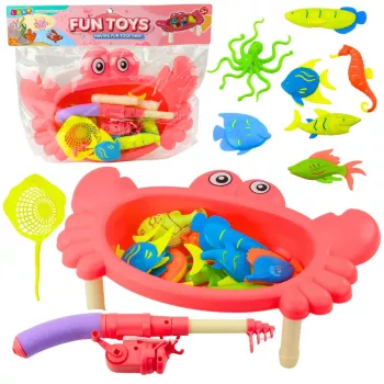 LEAN TOYS Zestaw Wędkarski: Stół Krab, 10 Rybek, Wędka, Cedzak, Różowy