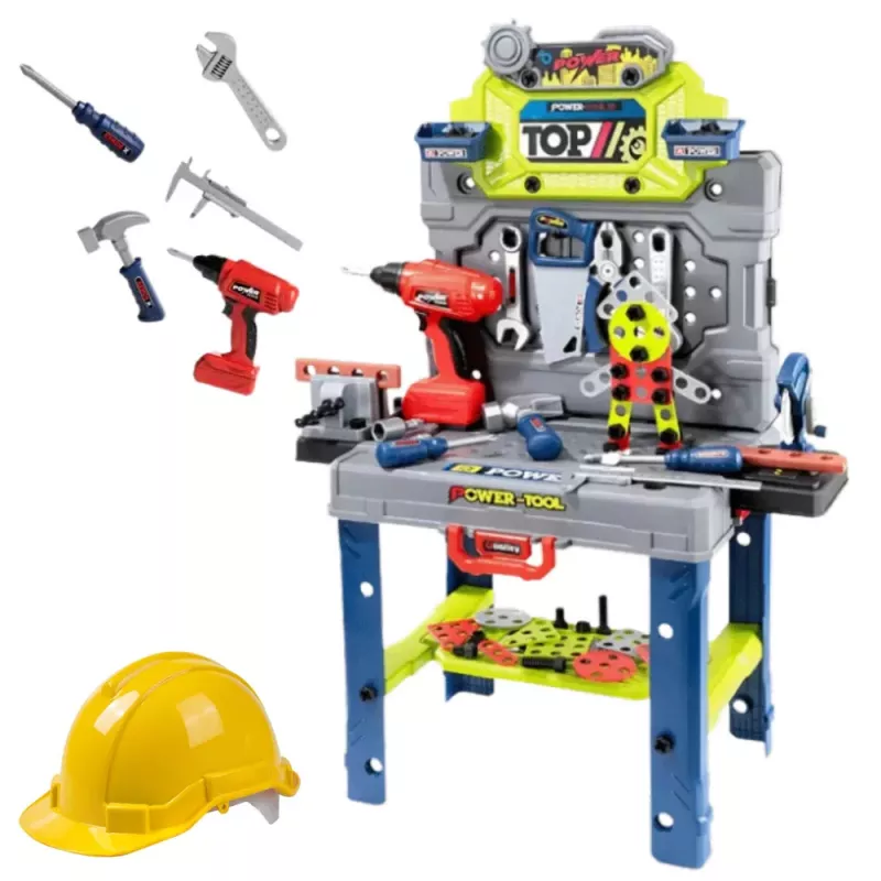 LEAN TOYS Stół majsterkowicza 2w1 Walizka z narzędziami Śrubokręt Kask 133 elementy