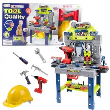 LEAN TOYS Stół majsterkowicza 2w1 Walizka z narzędziami Śrubokręt Kask 133 elementy