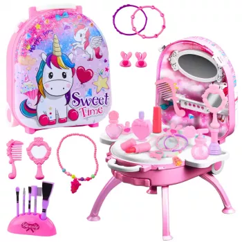 LEAN TOYS Beauty Set Dressing Table in a Suitcase 2 in 1 Accessories Unicorn Pink