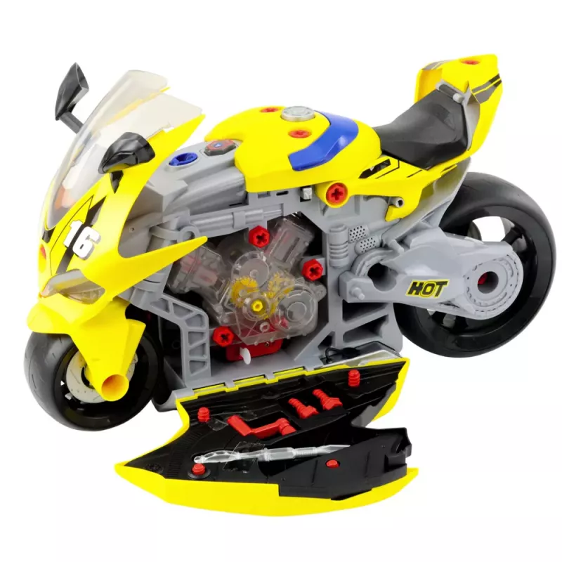 LEAN TOYS 2-in-1 DIY Warsztat Światła Dźwięki Dym Motocykl Żółty 43cm