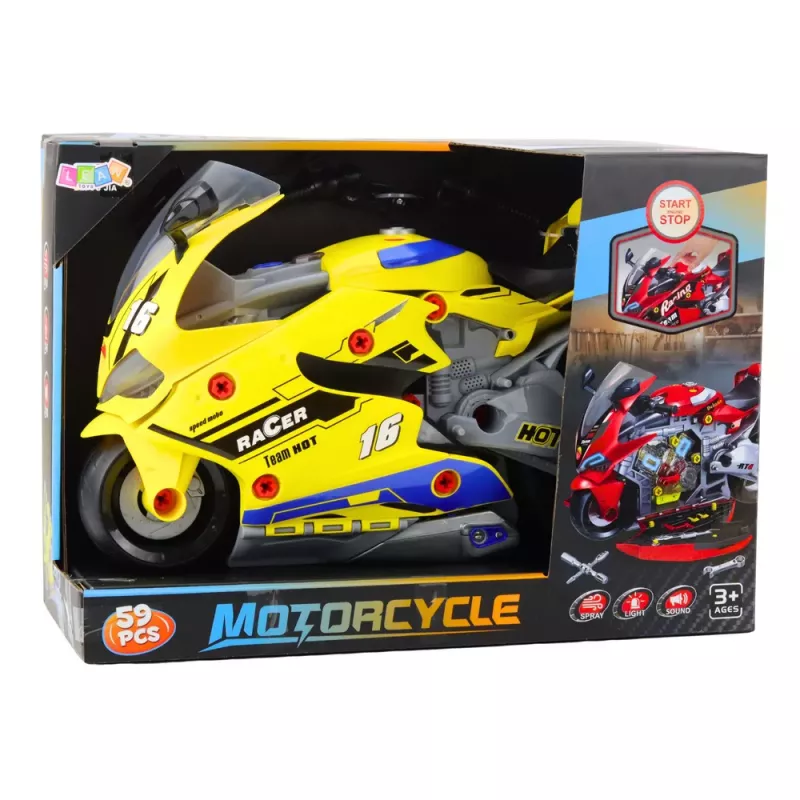 LEAN TOYS 2-in-1 DIY Warsztat Światła Dźwięki Dym Motocykl Żółty 43cm