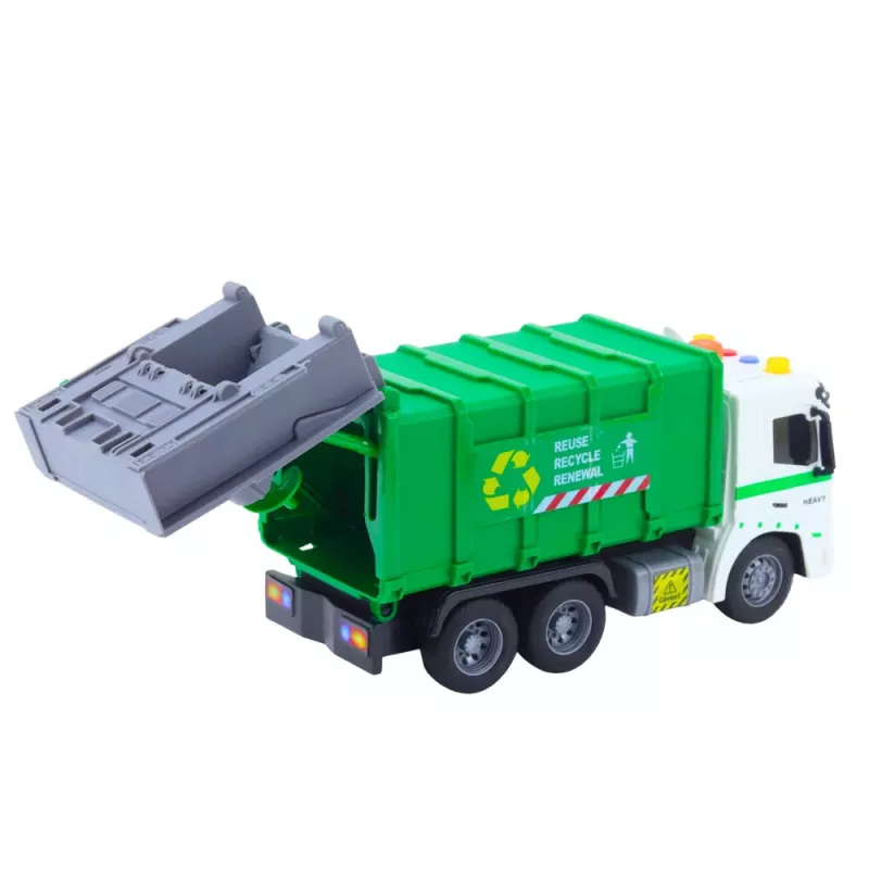 LEAN TOYS Śmieciarka z Koszem na Śmieci, Światła i Dźwięki, Zielona, Skala 1:16