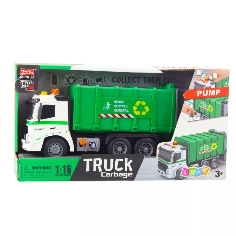 LEAN TOYS Śmieciarka z Koszem na Śmieci, Światła i Dźwięki, Zielona, Skala 1:16