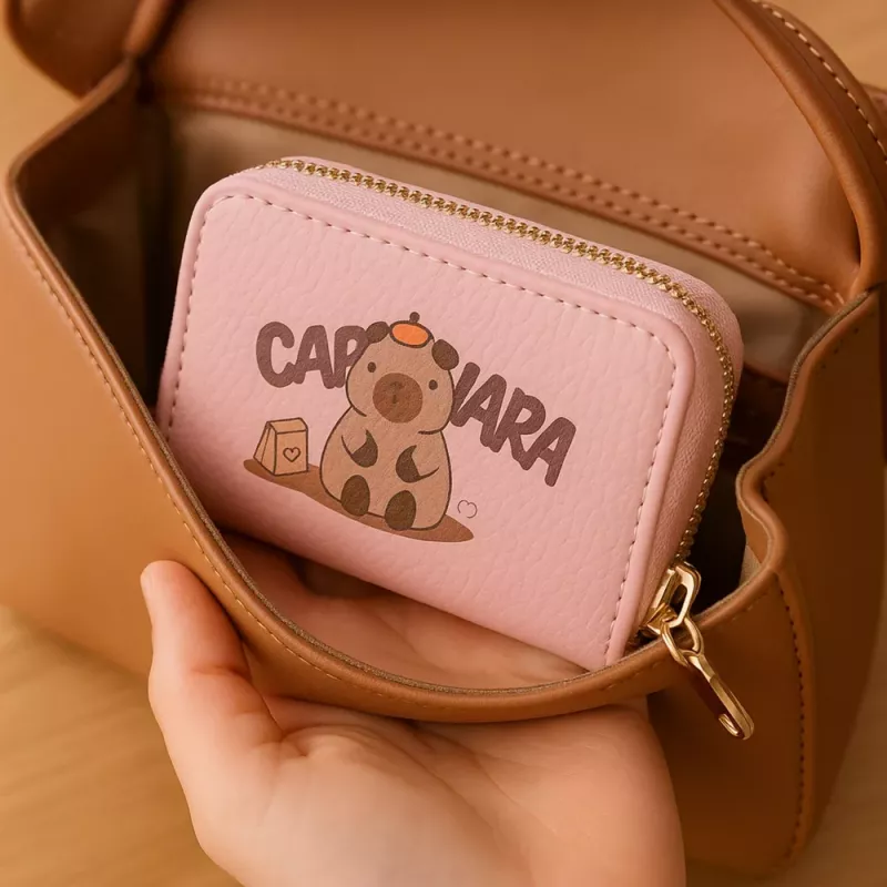 Portfel LEAN dwukomorowy z przegródkami na karty Capybara Pink 12,5 x 8,5 cm