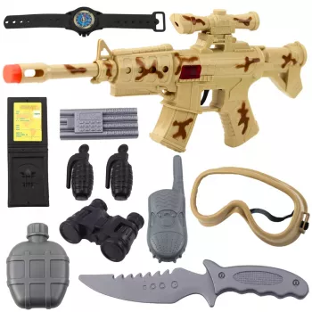 LEAN TOYS Zestaw Karabinu Wojskowego z Akcesoriami Dźwięk Strzału Piaskowy