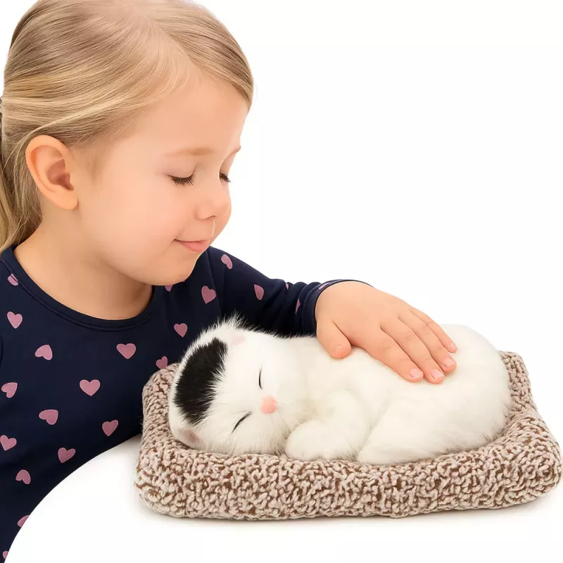 LEAN TOYS Śpiący Biały Kot na Poduszce Figurka z Futrzaną Torbą Dźwięki