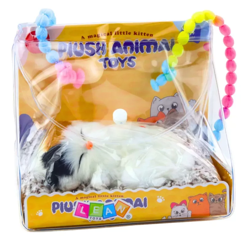 LEAN TOYS Śpiący Biały Kot na Poduszce Figurka z Futrzaną Torbą Dźwięki