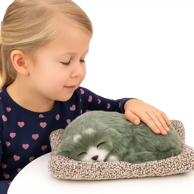 LEAN TOYS Śpiący Husky na Poduszce Figurka z Dźwiękami i Futrzaną Torbą