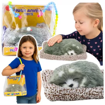 LEAN TOYS Śpiący Husky na Poduszce Figurka z Dźwiękami i Futrzaną Torbą