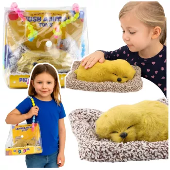 LEAN TOYS Śpiący Labrador na Poduszce Figurka z Futrem Przezroczysta Torba Dźwięki