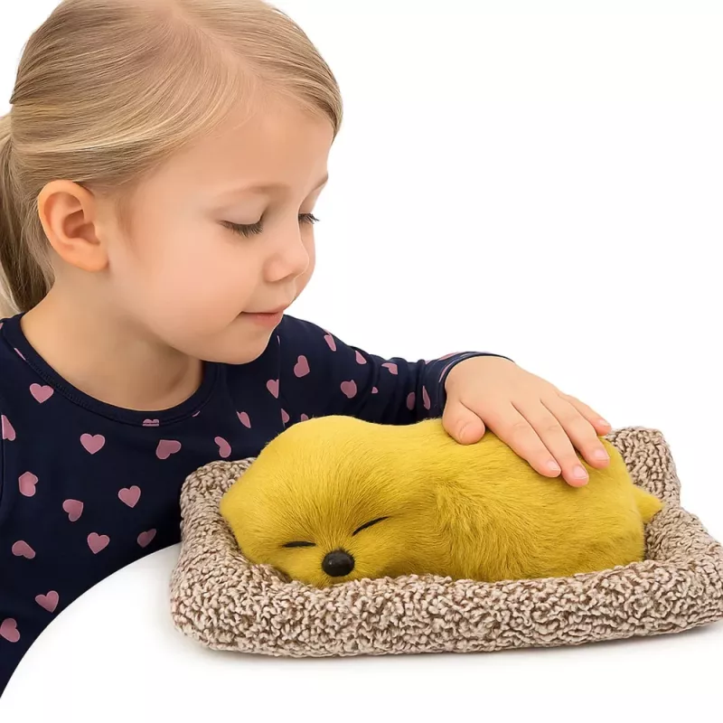 Figurka LEAN TOYS Śpiący Szczeniak Labrador na Poduszce z Futrem i Przezroczystą Torbą