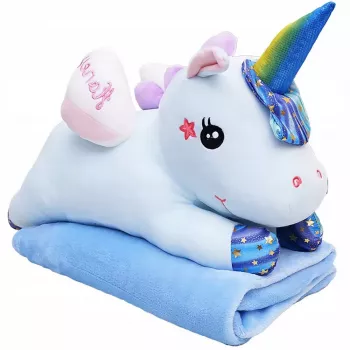 LEAN TOYS Pluszowy Jednorożec z Kocykiem 160x110cm Niebieski 55cm