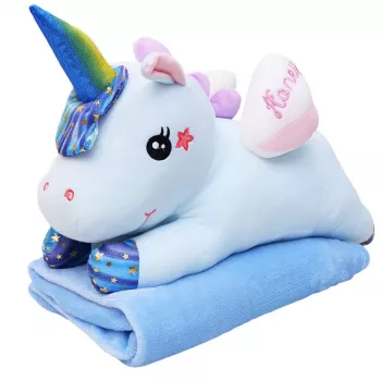 LEAN TOYS Pluszowy Jednorożec z Kocykiem 160x110cm Niebieski 55cm