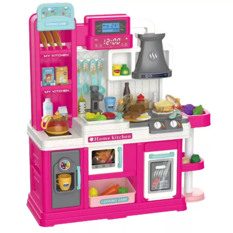 LEAN TOYS Kuchnia dla dzieci z obiegiem wody, zmieniającą kolor żywnością i parą, różowa, 64 elementy
