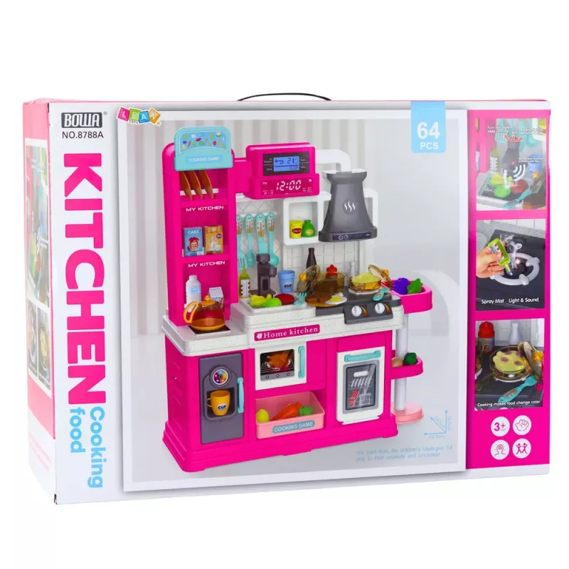 LEAN TOYS Kuchnia dla dzieci z obiegiem wody, zmieniającą kolor żywnością i parą, różowa, 64 elementy