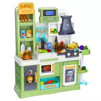 LEAN TOYS Kuchnia dla dzieci z obiegiem wody, zmieniającą kolor żywnością i parą, zielona, 64 elementy