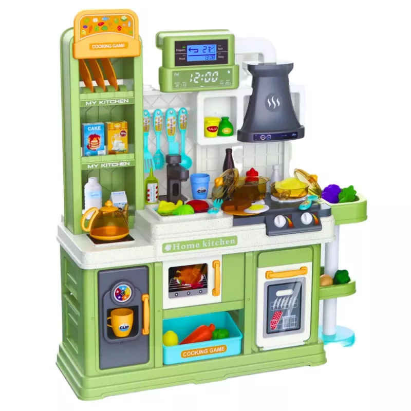 LEAN TOYS Kuchnia dla dzieci z obiegiem wody, zmieniającą kolor żywnością i parą, zielona, 64 elementy