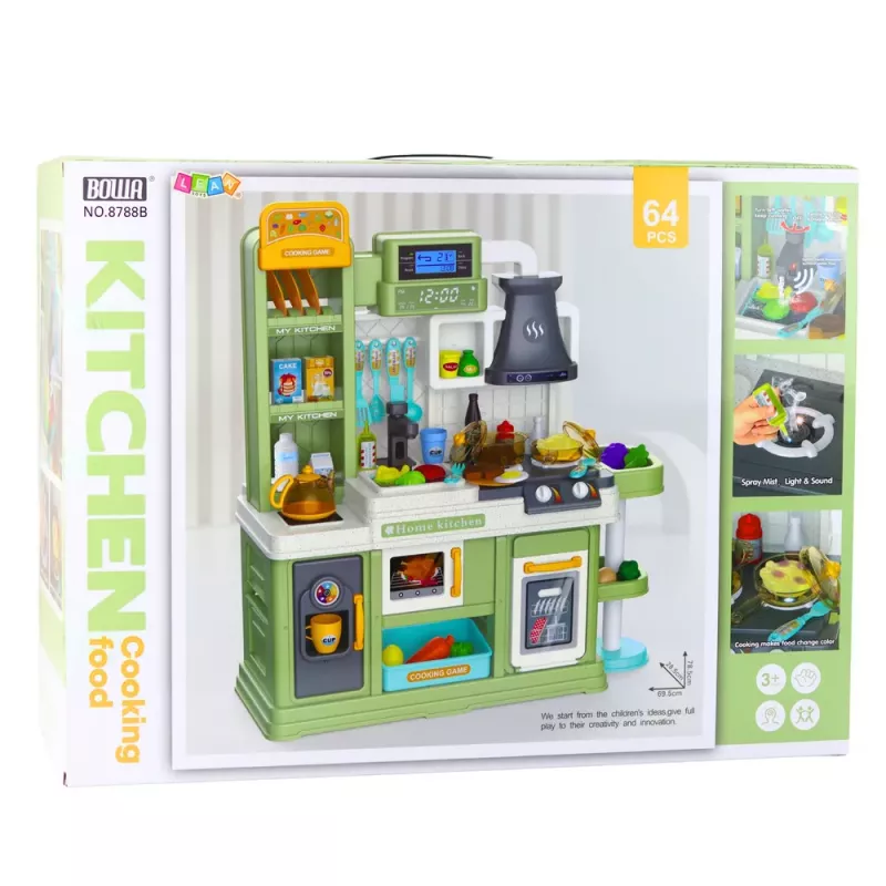 LEAN TOYS Kuchnia dla dzieci z obiegiem wody, zmieniającą kolor żywnością i parą, zielona, 64 elementy