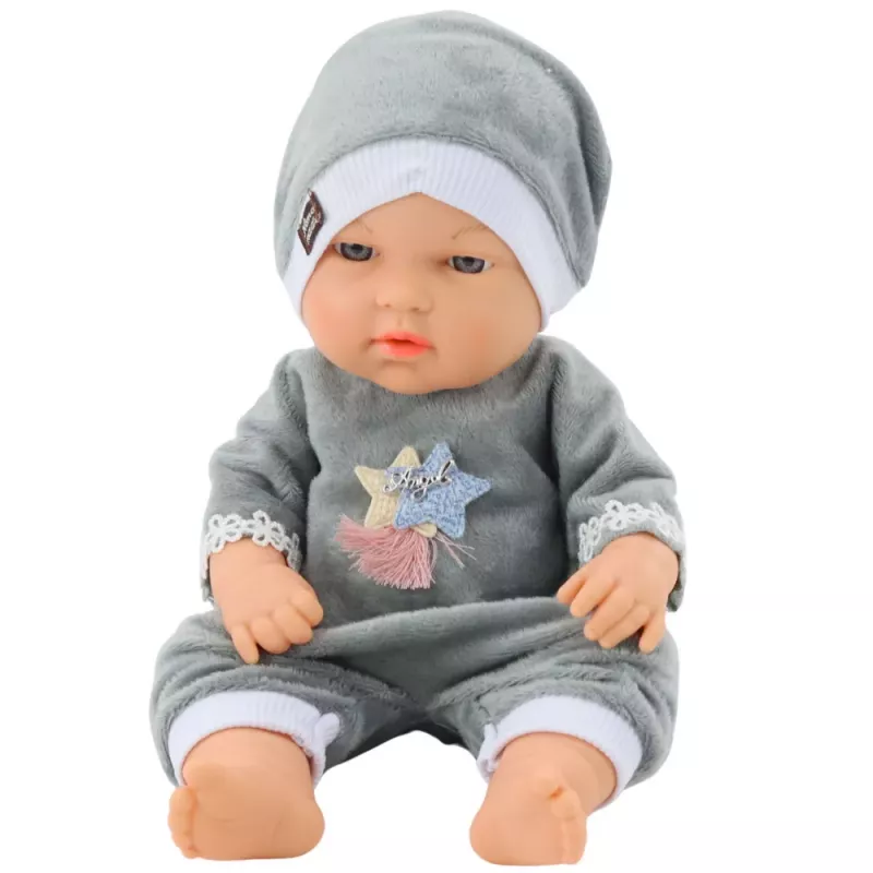 LEAN TOYS Baby Doll w szarej piżamie i czapce, ruchome ręce i nogi, 30 cm