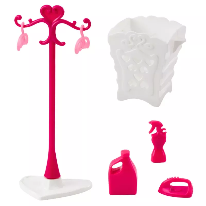LEAN TOYS Zestaw do prania dla lalek Pralka Suszarka Kosz Wieszaki Różowy