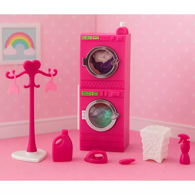 LEAN TOYS Zestaw do prania dla lalek Pralka Suszarka Kosz Wieszaki Różowy