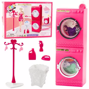 LEAN TOYS Zestaw do prania dla lalek Pralka Suszarka Kosz Wieszaki Różowy