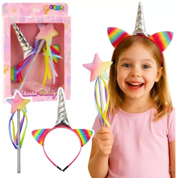LEAN TOYS Zestaw opaska z rogiem, uszami i różdżką Jednorożec