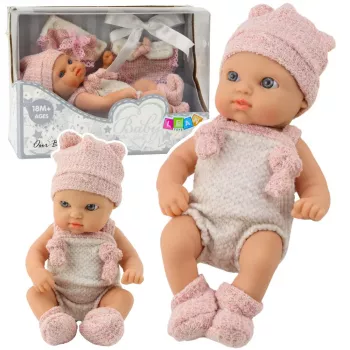 LEAN TOYS Baby Doll, różowy strój, czapeczka, śliniaczek, 18 cm