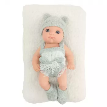 Lalka LEAN TOYS z kocykiem, biało-szarym ubrankiem i czapeczką, 18 cm