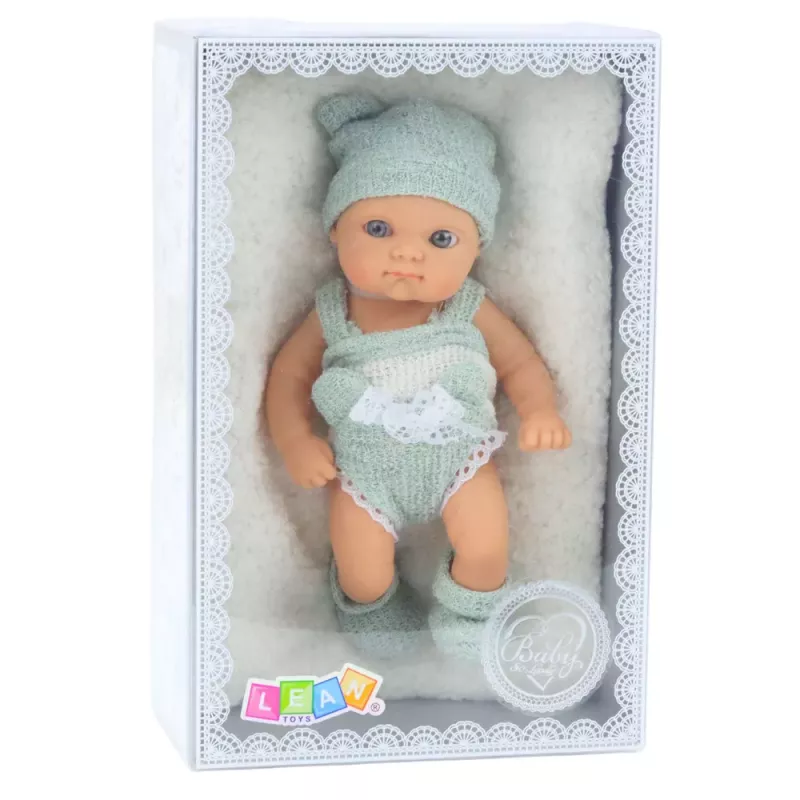 Lalka LEAN TOYS z kocykiem, biało-szarym ubrankiem i czapeczką, 18 cm