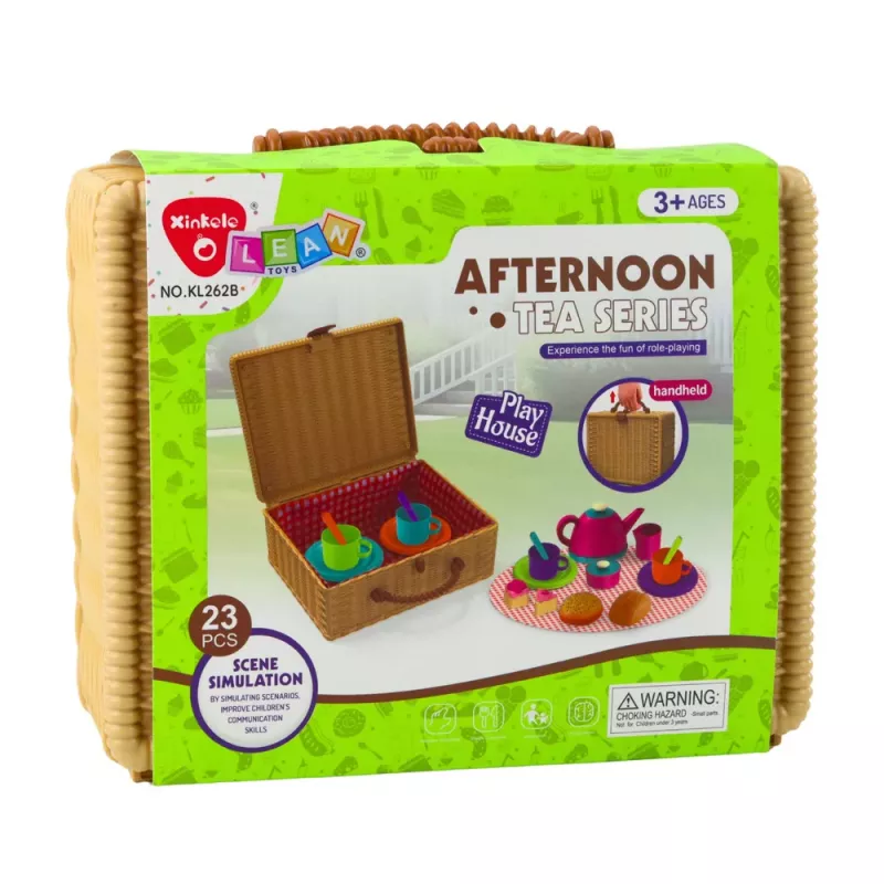 LEAN TOYS Zestaw do herbaty w koszyku Kubki Talerzyki Słodycze 23 szt.