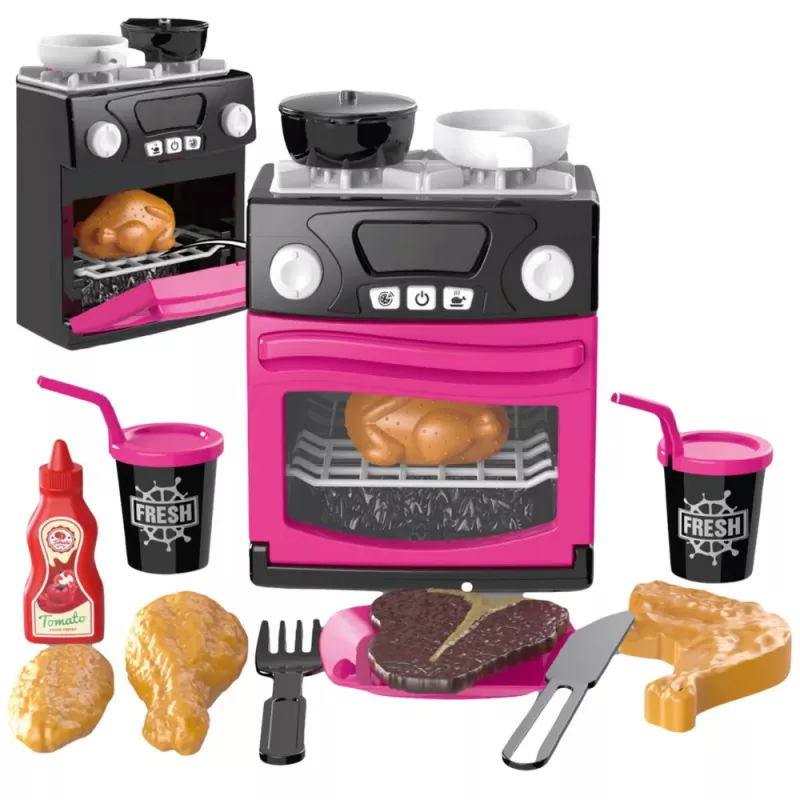 LEAN TOYS Kuchnia dla dzieci z piekarnikiem, jedzeniem, światłami, dźwiękami, różowa