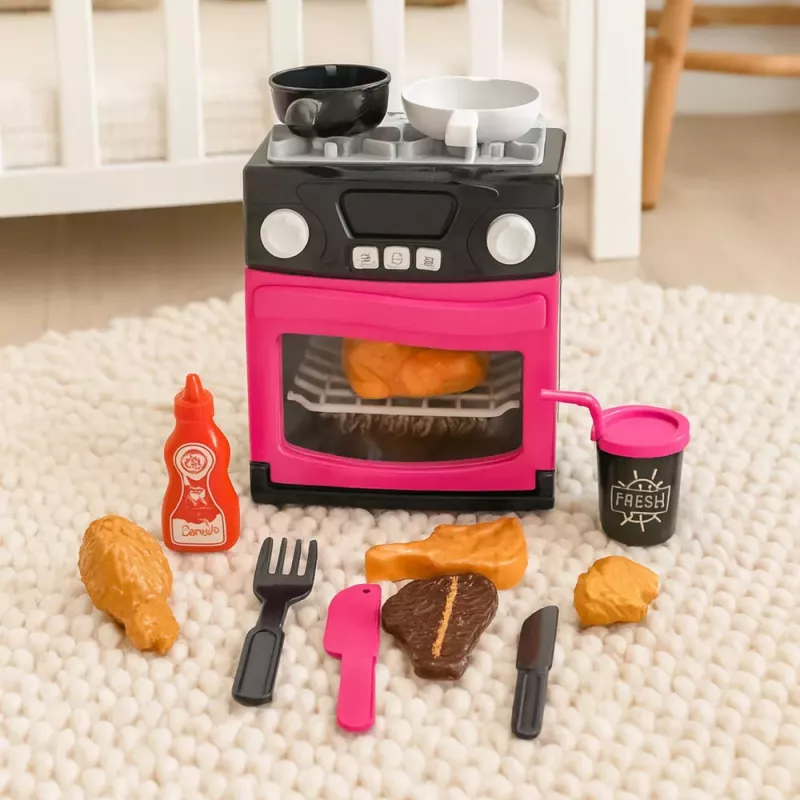 LEAN TOYS Kuchnia dla dzieci z piekarnikiem, jedzeniem, światłami, dźwiękami, różowa