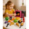LEAN TOYS Zabawkowa mikrofalówka dla dzieci z jedzeniem, obrót 360°, światła i dźwięki, różowa