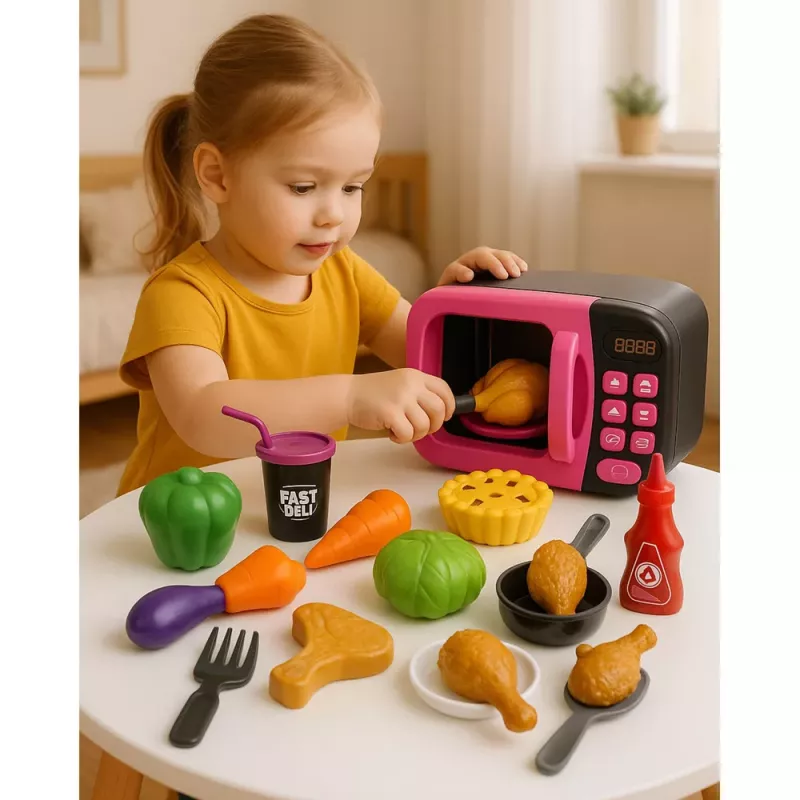 LEAN TOYS Zabawkowa mikrofalówka dla dzieci z jedzeniem, obrót 360°, światła i dźwięki, różowa