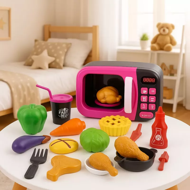 LEAN TOYS Zabawkowa mikrofalówka dla dzieci z jedzeniem, obrót 360°, światła i dźwięki, różowa