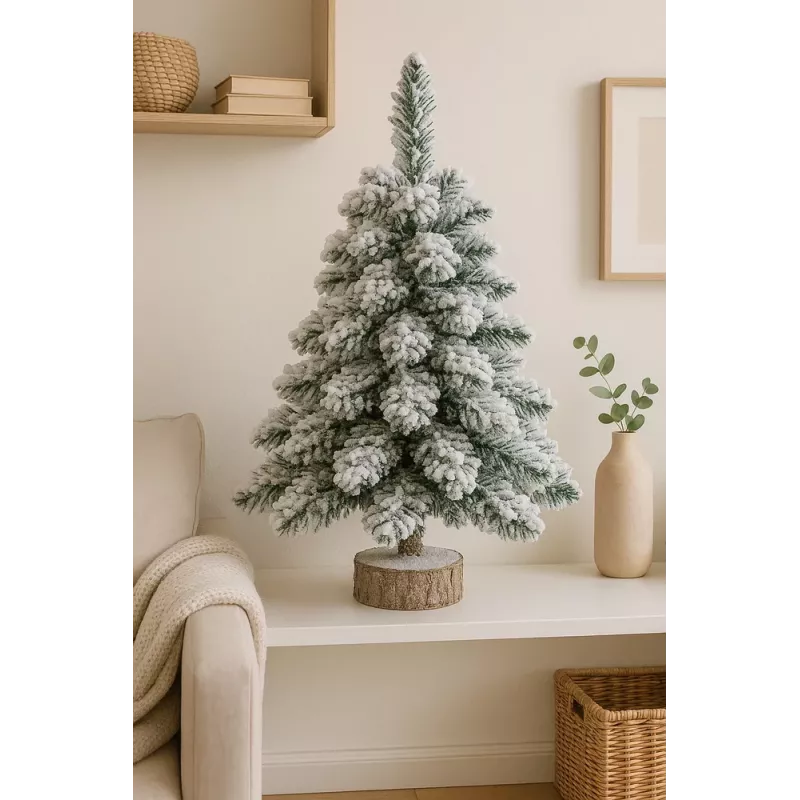 LEAN Ozdobna sztuczna choinka na pniu pokryta śniegiem 60 x 16 cm