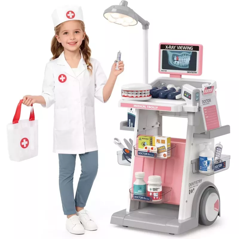 LEAN TOYS Zestaw Doktor Dentysta z Wózkiem Medycznym i Światłami Różowy 26 szt.