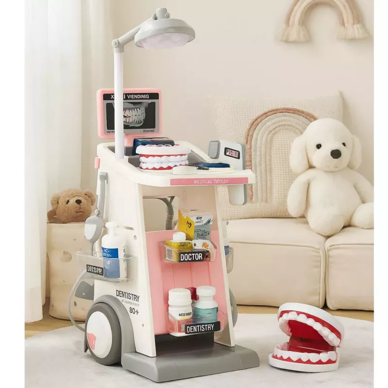 LEAN TOYS Zestaw Doktor Dentysta z Wózkiem Medycznym i Światłami Różowy 26 szt.