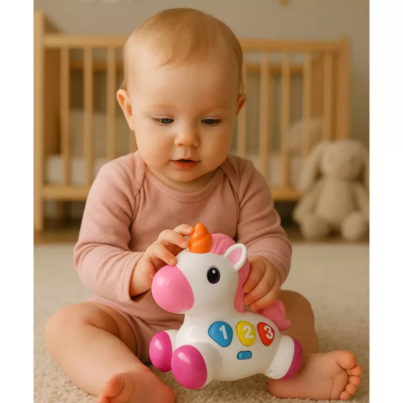 LEAN TOYS Interaktywna zabawka dla maluchów Jednorożec na kółkach Światła i dźwięki