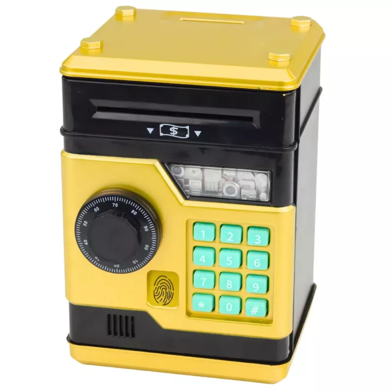 LEAN TOYS ATM Elektroniczna Skarbonka Sejf z Dźwiękami i Światłem, Kod PIN, Złoty