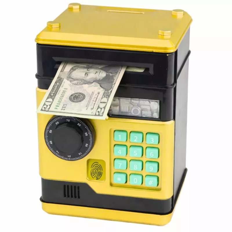 LEAN TOYS ATM Elektroniczna Skarbonka Sejf z Dźwiękami i Światłem, Kod PIN, Złoty