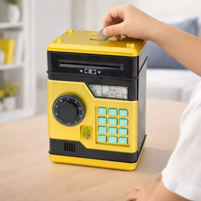 LEAN TOYS ATM Elektroniczna Skarbonka Sejf z Dźwiękami i Światłem, Kod PIN, Złoty