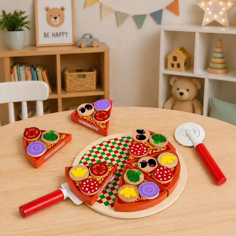 LEAN TOYS Drewniany zestaw do krojenia pizzy z rzepem i deską do krojenia