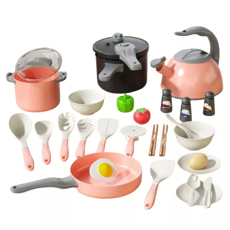 LEAN TOYS Zestaw Kuchenny Garnki Akcesoria Kuchenne Jedzenie Różowy 32 szt.