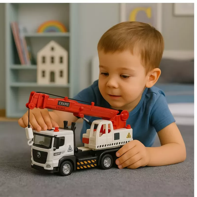 LEAN TOYS Ciężarówka z Żurawiem, Kabina Metalowa, Regulowany Wysięgnik, System Światła i Dźwięku